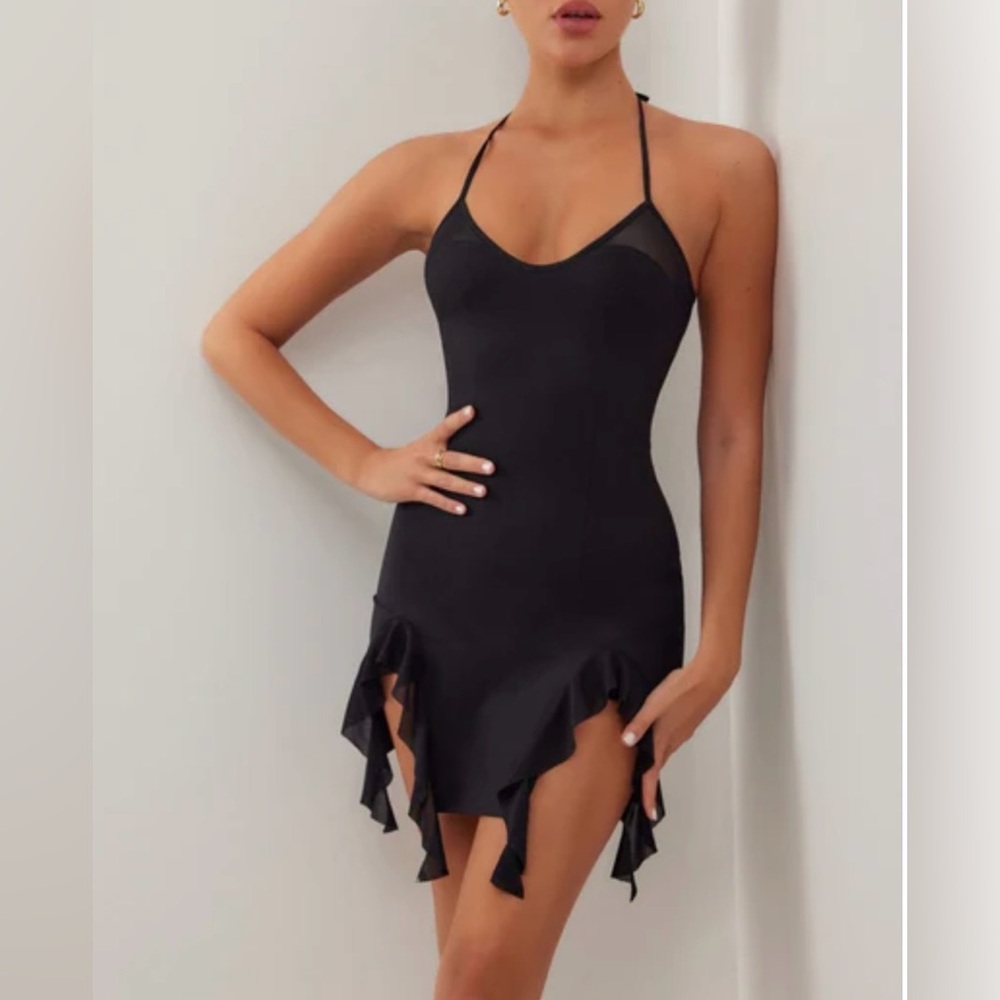 Heiress Beverly Hills Black Ruffle Slit Mini Dress